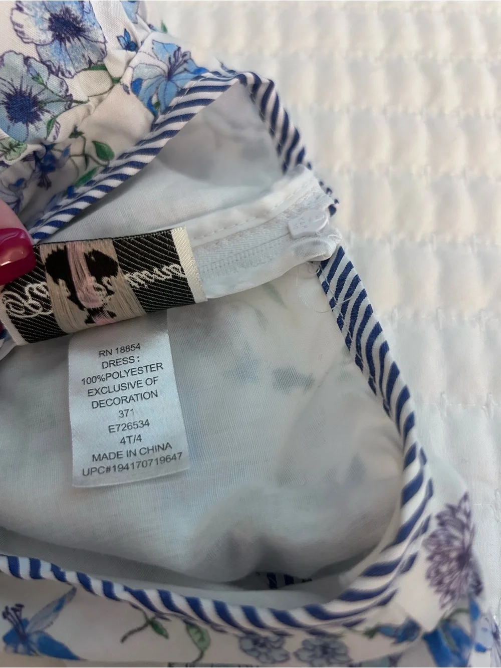 Rare Editions White Dress with Blue Floral Print and Royal Blue Ribbon